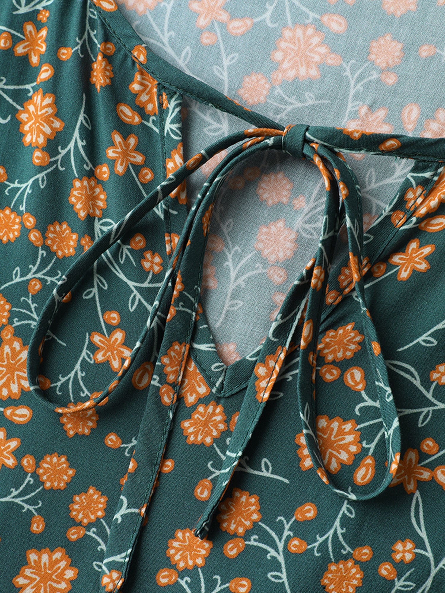 Rayon Floral Print Neck Tie Pockets Maxi Dress