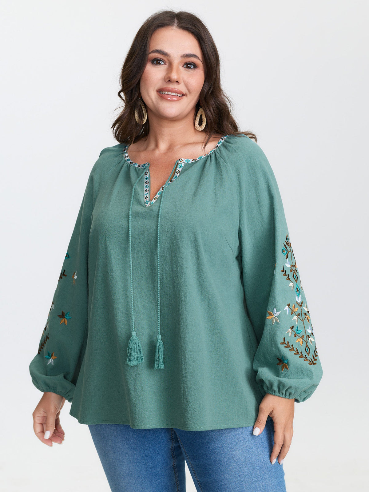 Cotton Floral Embroidered Sleeve Neckline Tie Blouse