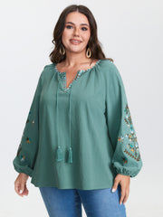 Cotton Floral Embroidered Sleeve Neckline Tie Blouse