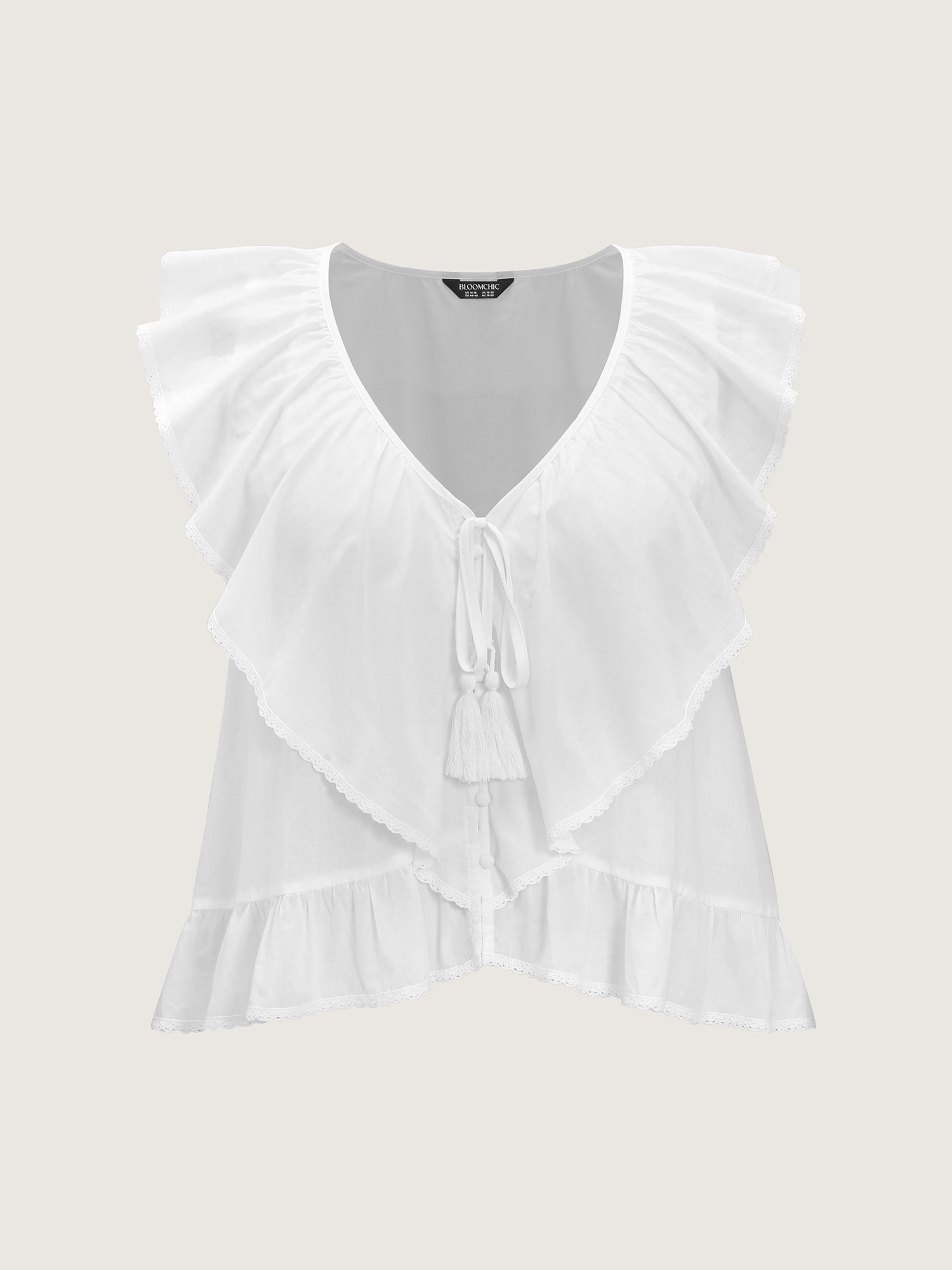 Cotton Ruffled Edges Tassel Plain Blouse