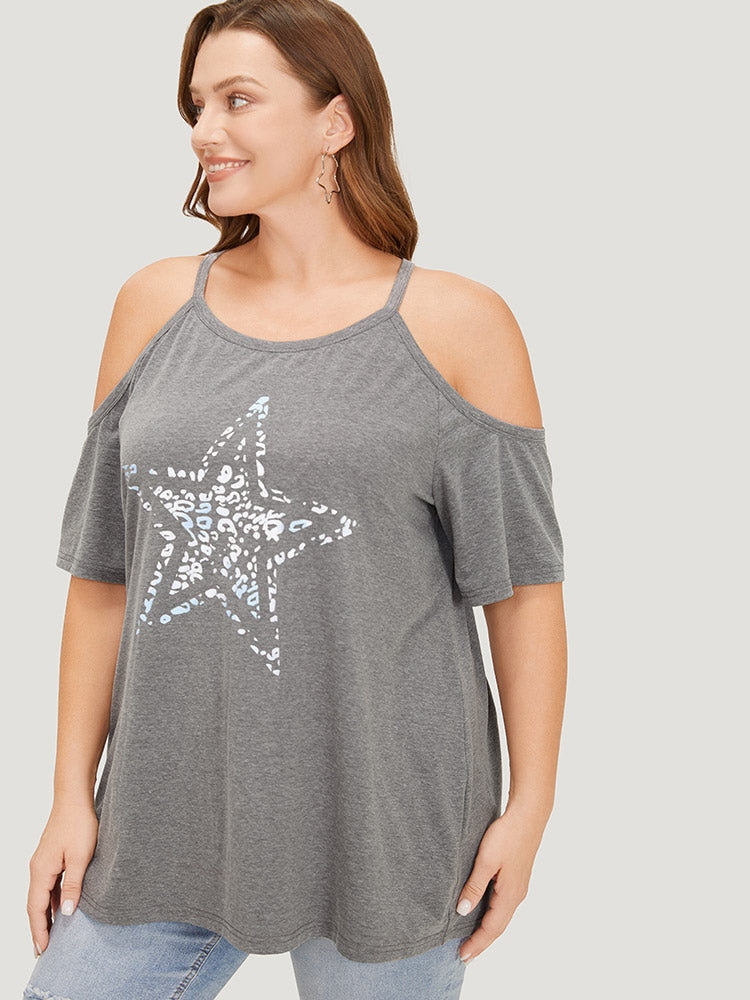 Star Leopard Cold Shoulder Heather T-shirt