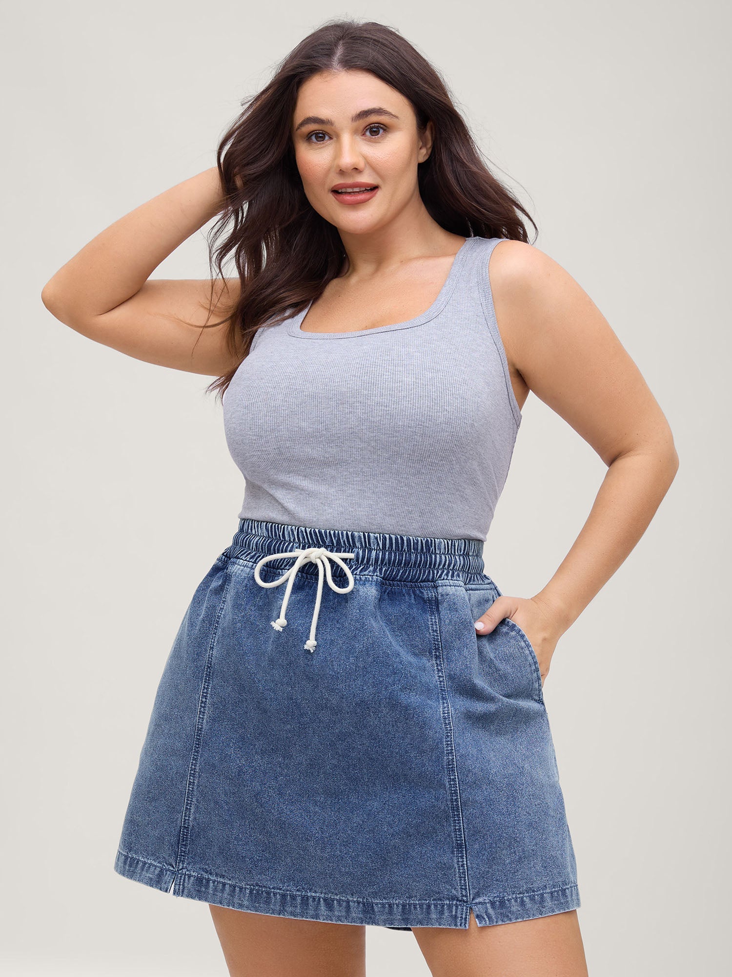 Pull-On Elastic Waist Denim Skort