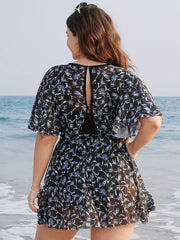 Ditsy Floral Ruffle Sleeve Cut Out Swim Dress