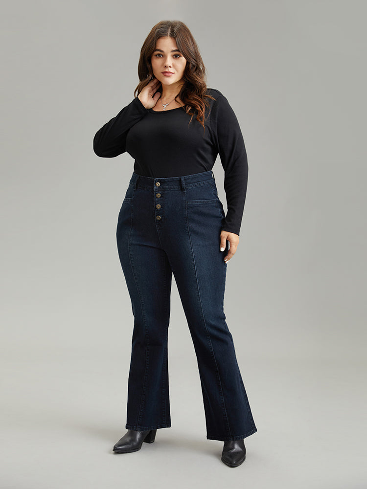 Flare Leg Button Fly Seam Detail Moderately Stretchy Jeans