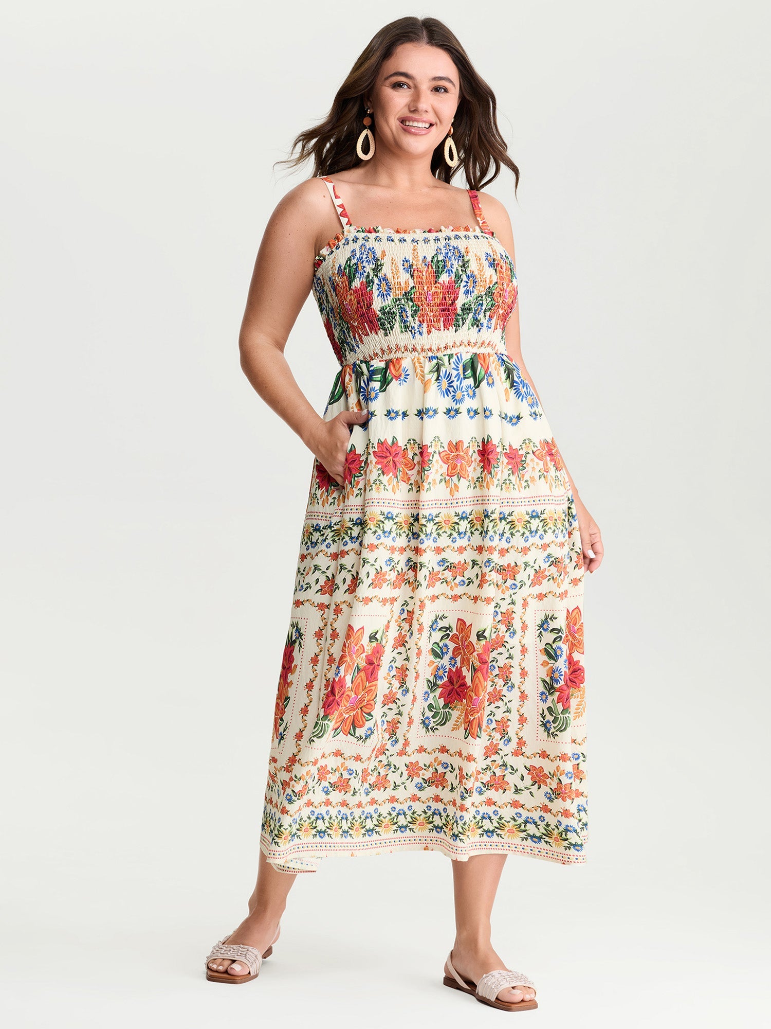 Large Floral Print Shirred Cami Maxi Dress