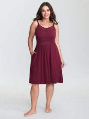Lace Trim Sheer Neckline Pocket Nightgown
