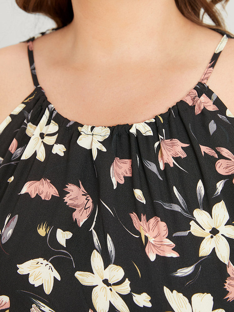 Floral Print Halter Shirred Pocket Ruffle Hem Dress