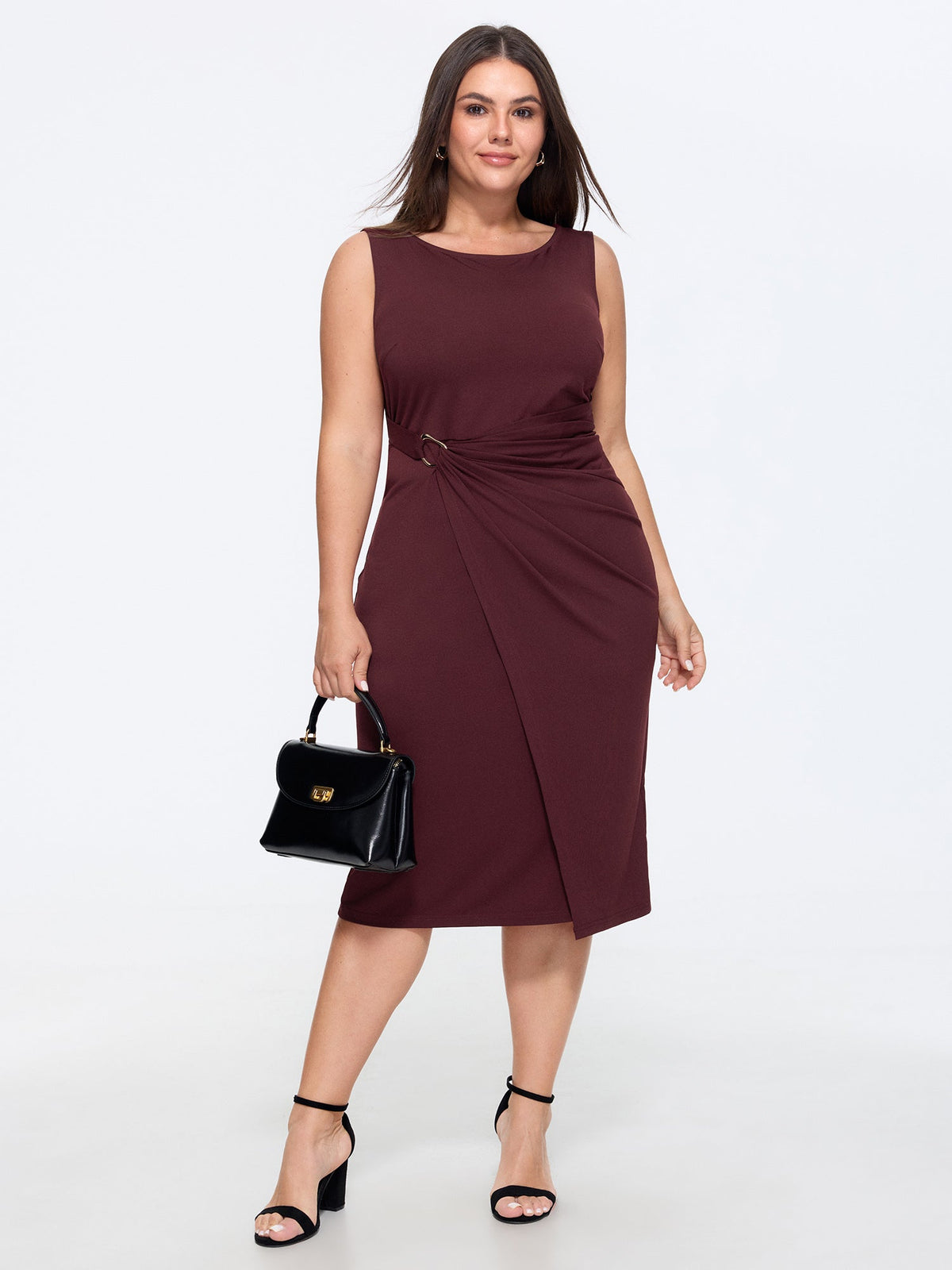 Metallic Buckle Draped Waist Midi Dress