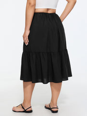 Adjustable Drawstring Waist Plain Tiered Flowy Midi Skirt