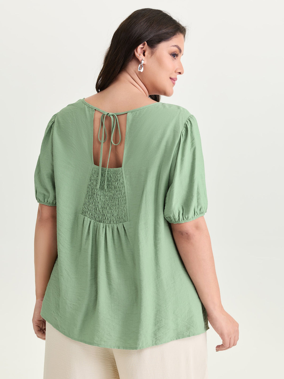 Shirred Puff Sleeve Keyhole Neckline Blouse