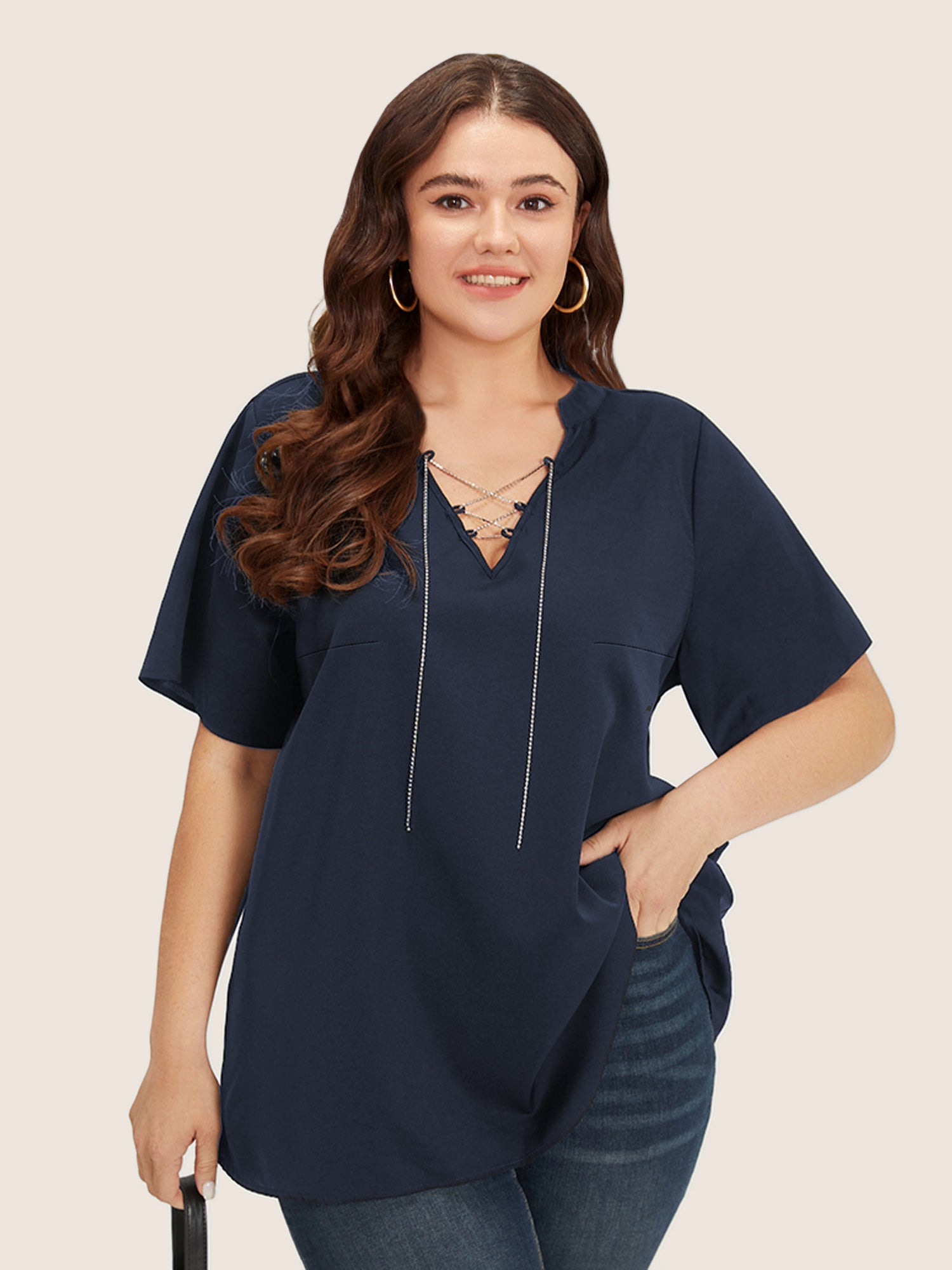 Solid Crisscross Notched Metal Decor Blouse