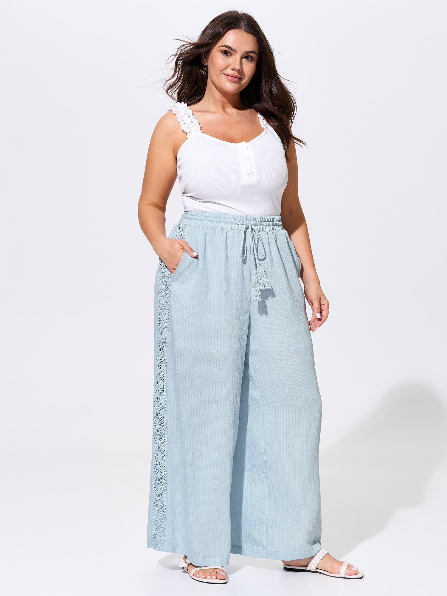 Linen Blend Side Design Drawstring Waist Pants