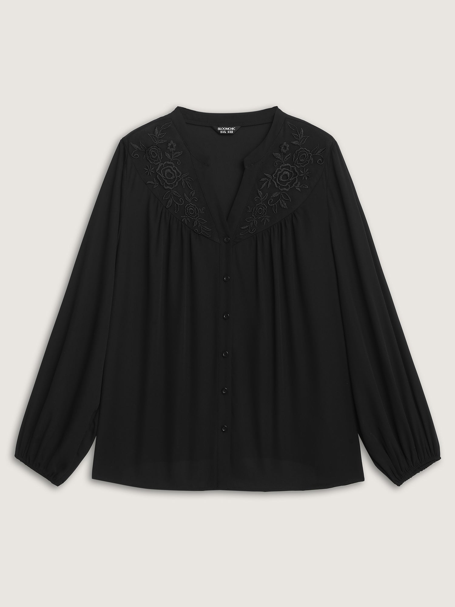 Embroidered Neckline Button-Down Blouse