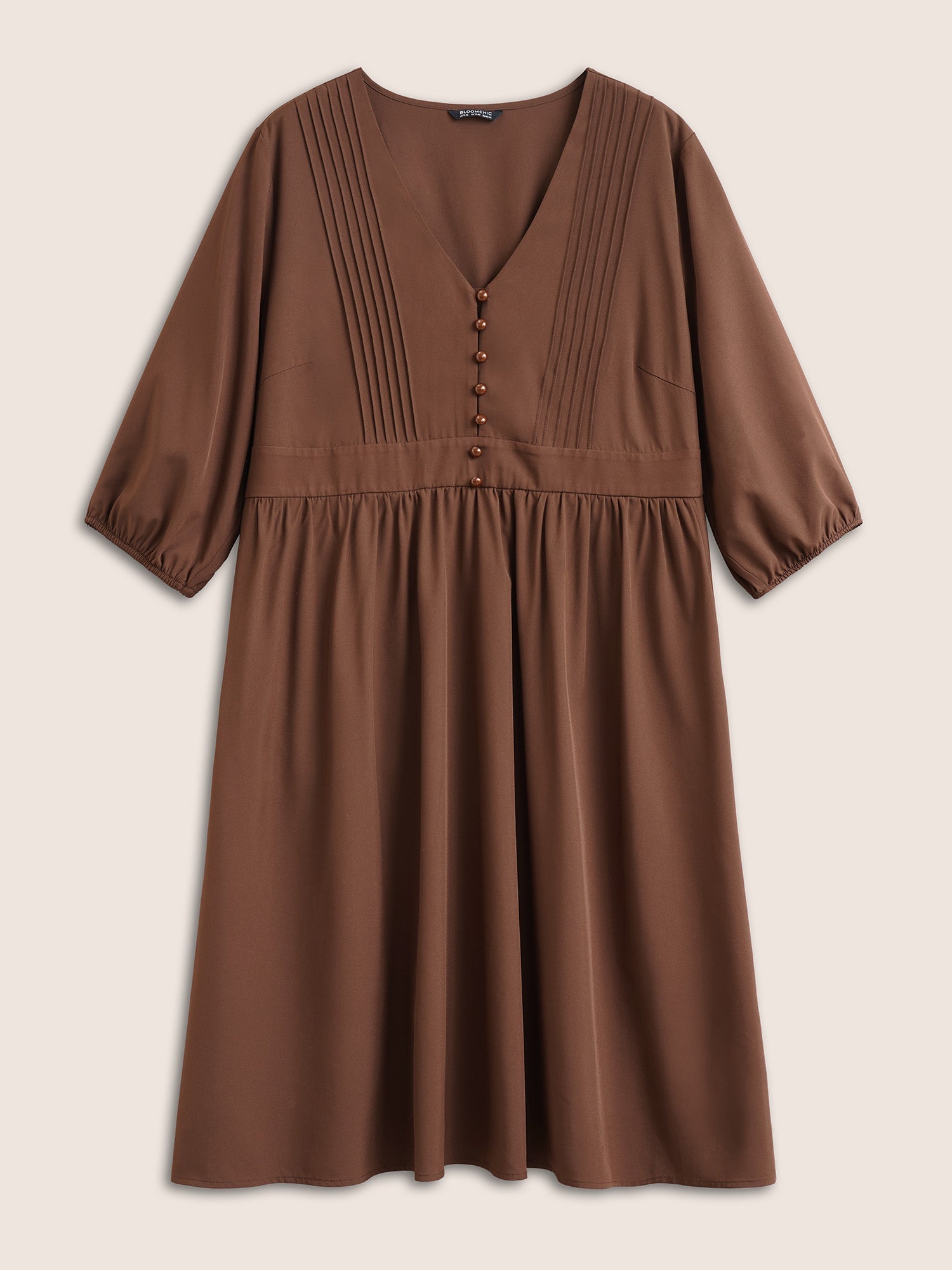 Solid Pleated Button Detail Lantern Sleeve Dress