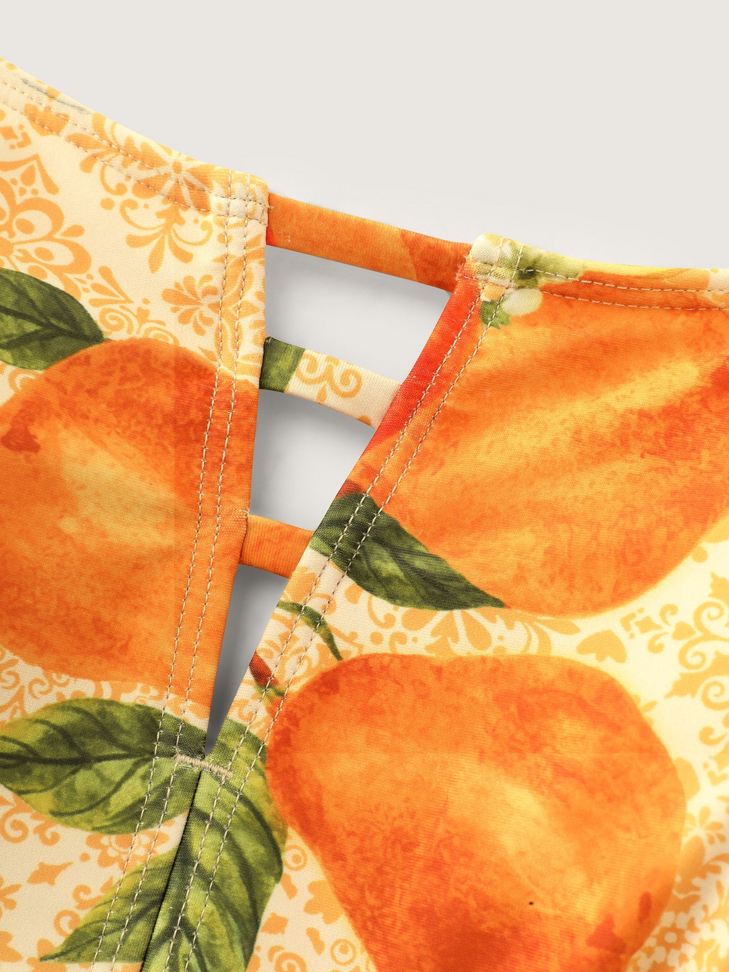 Orange Print Pockets Cut-Out Swim Dress