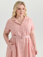 Retro Gingham Print Collared Midi Dress