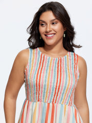 Colorful Striped Print Shirred Mini Dress