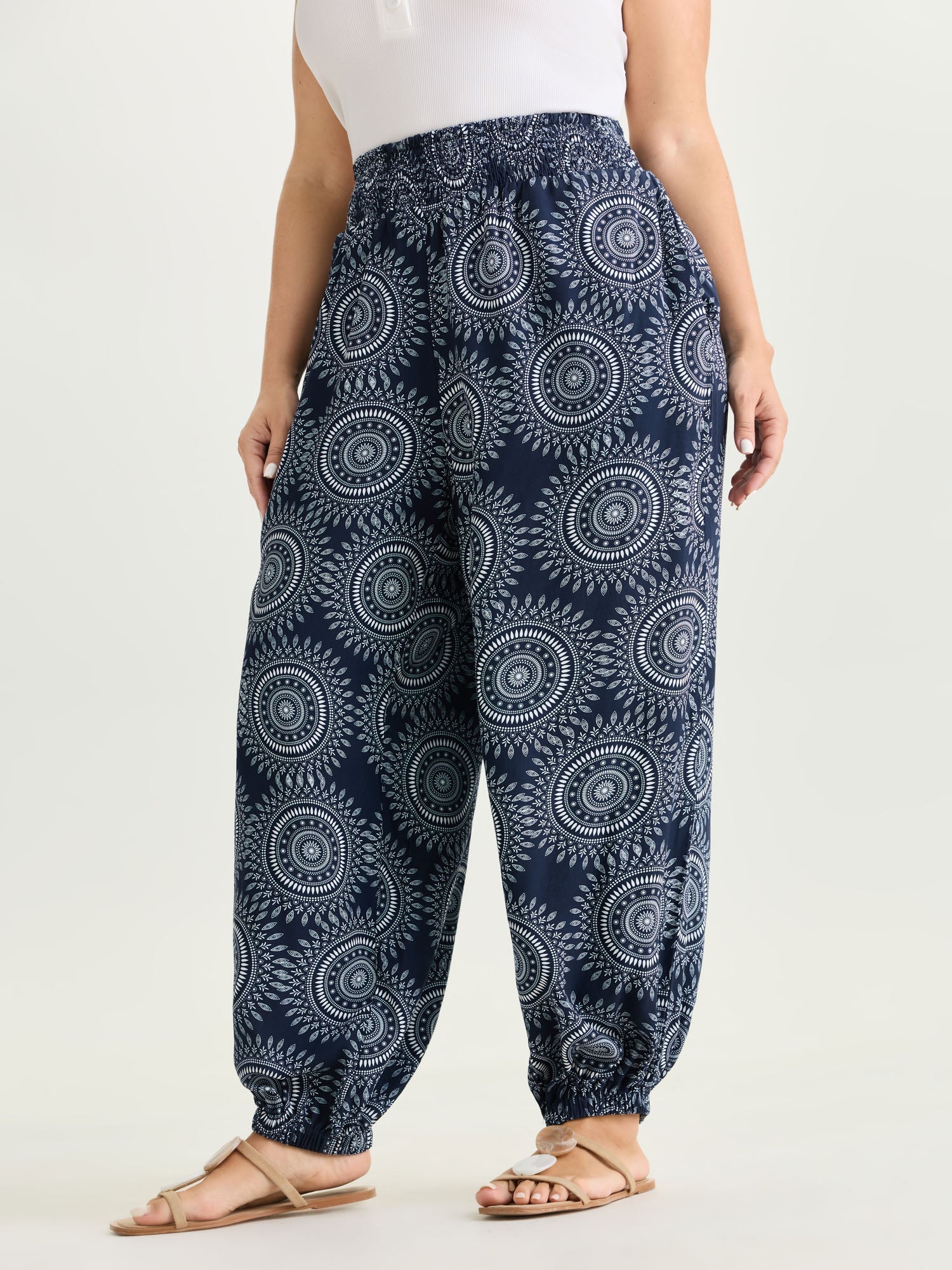 Supersoft Geometric Print Pockets Shirred Waist Pants