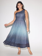 One-Shoulder Ombre Shimmer Mesh Midi Dress