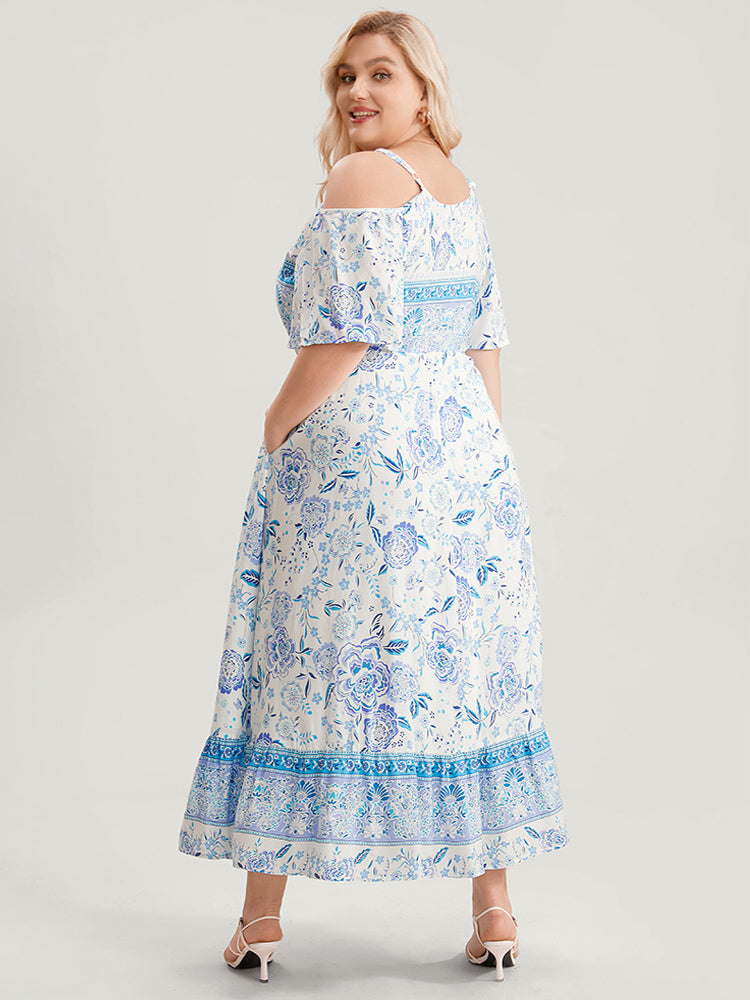 Off Shoulder Tie Neck Floral Print Midi Dress
