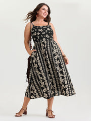 Monochrome Boho Print Pockets Midi Dress