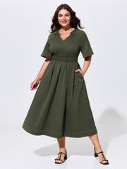 Classic Notched Collar Shirred Midi Dress