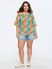 Cotton Floral Print Ruffle Mid Sleeve Top
