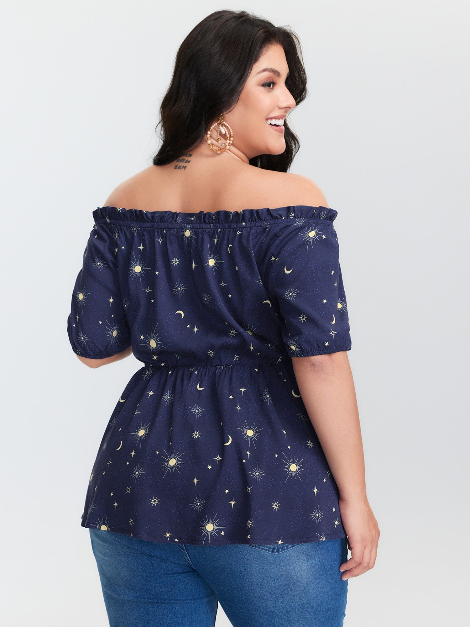 Starry Print Shirred Off-Shoulder Blouse