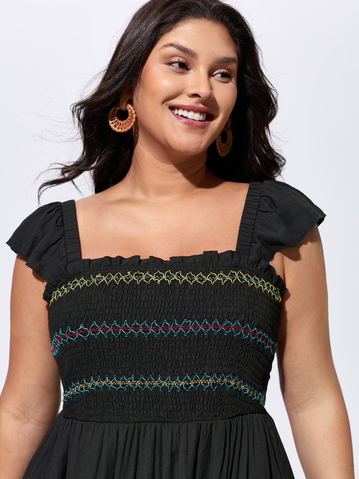 Shirred Flutter Sleeve Plain Midi Dress