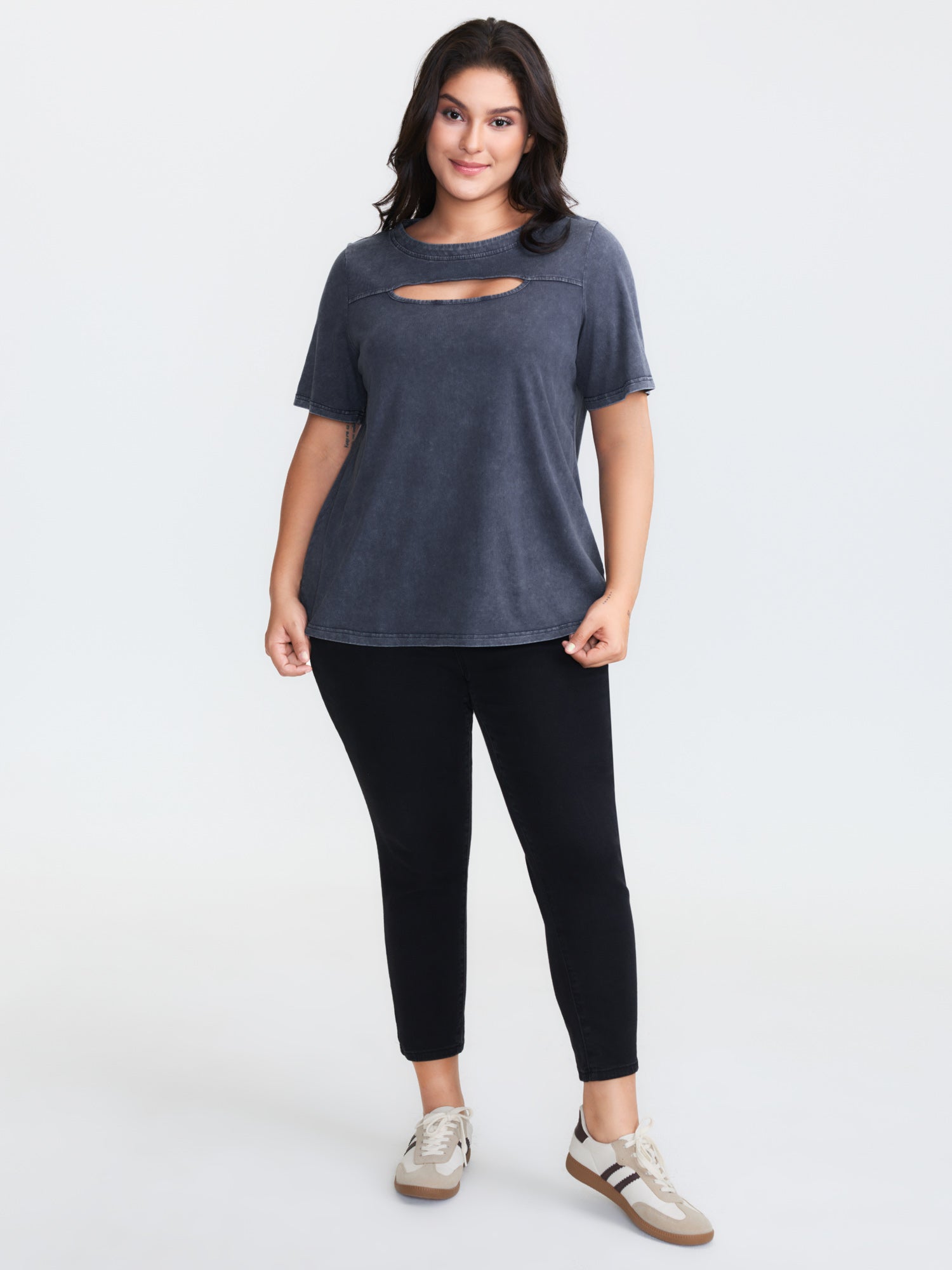 Cotton Vintage Wash Neck Cut-Out T-Shirt