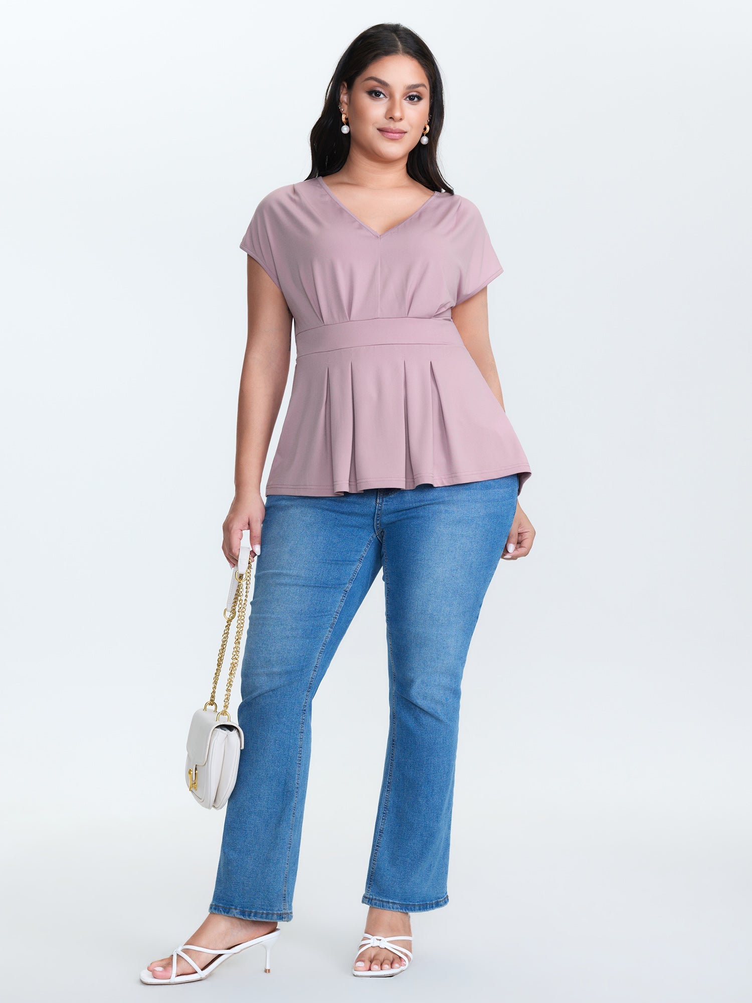 V-Neck Pleated Plain Knit Top