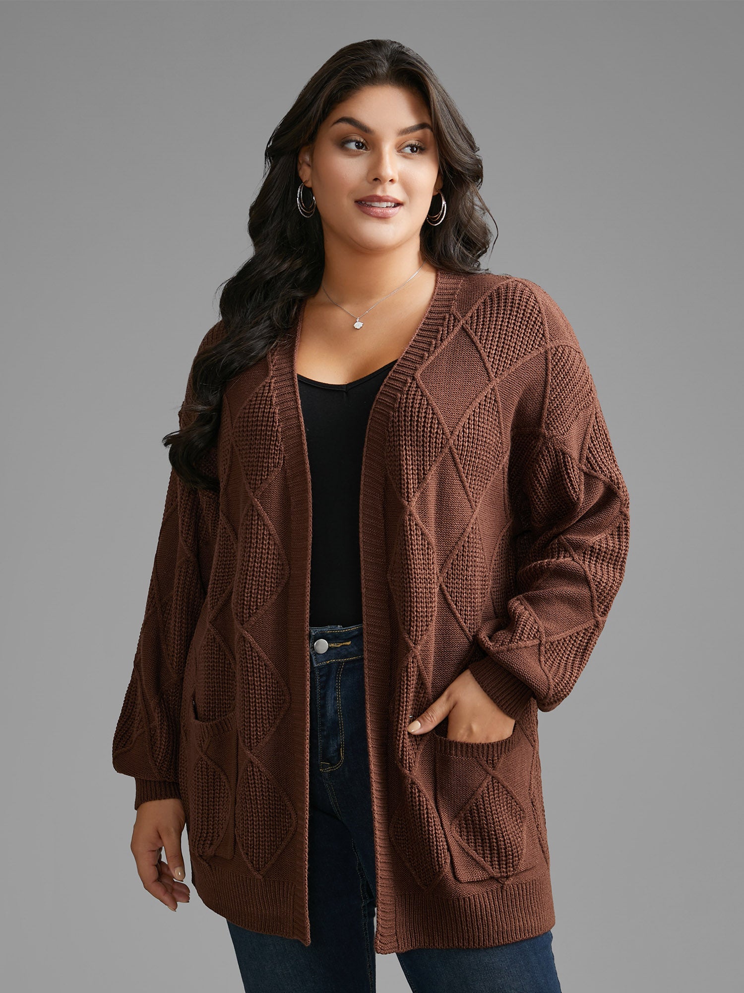 Plain Textured Pocket Drop Shoulder Cardigan