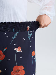 Floral Print Shirred Waist Wide Leg Pants