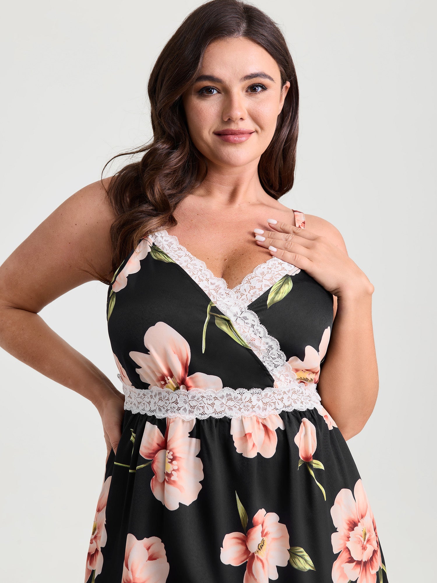 Breezy Floral Print Surplice Lace Neckline Nightgown
