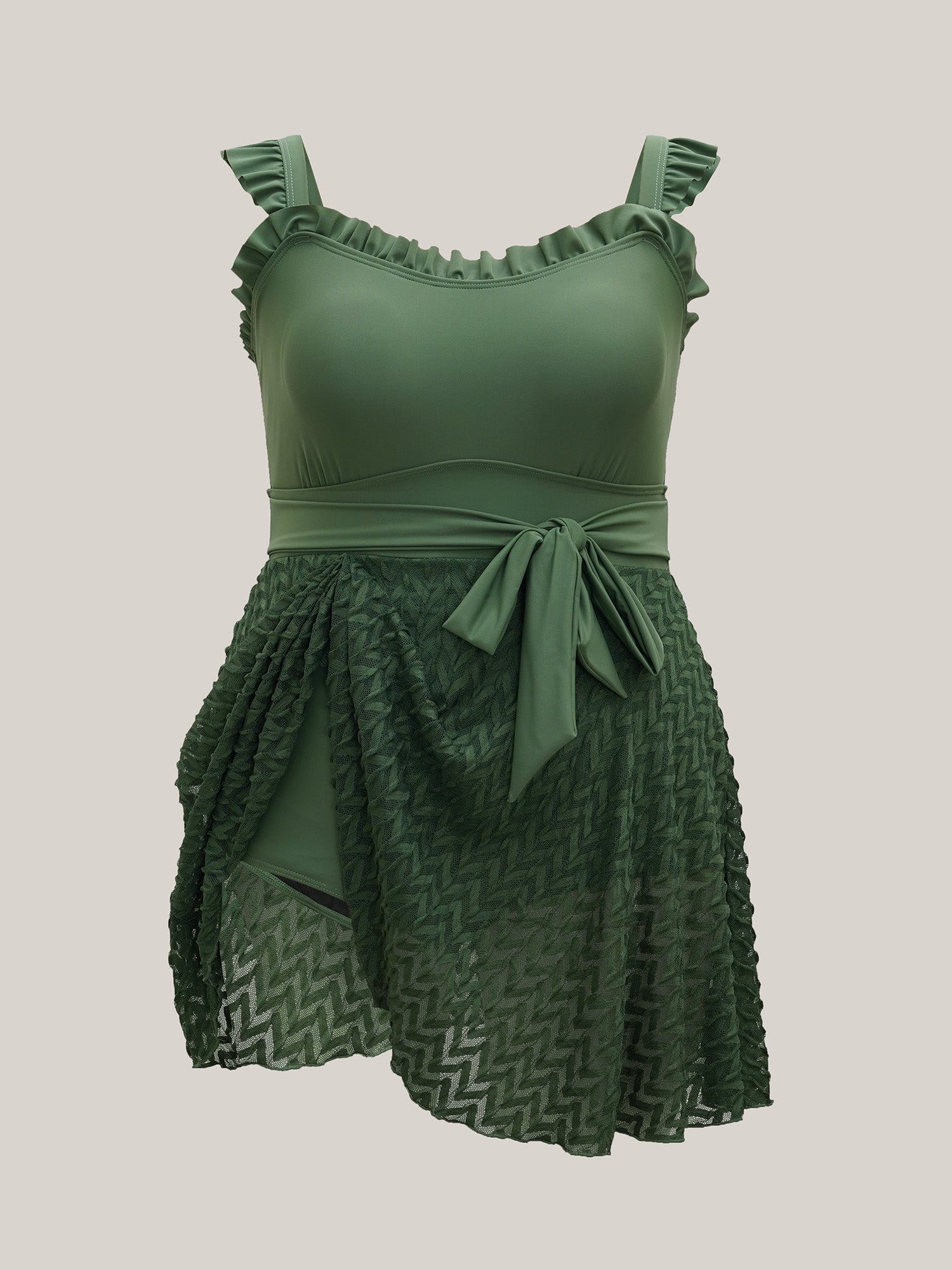 Frill Trim Belted Fit Flare Swim Dress