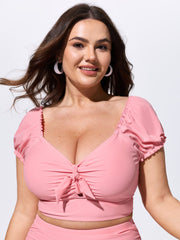 Stretchy Sleeve Knotted Front Swim Top