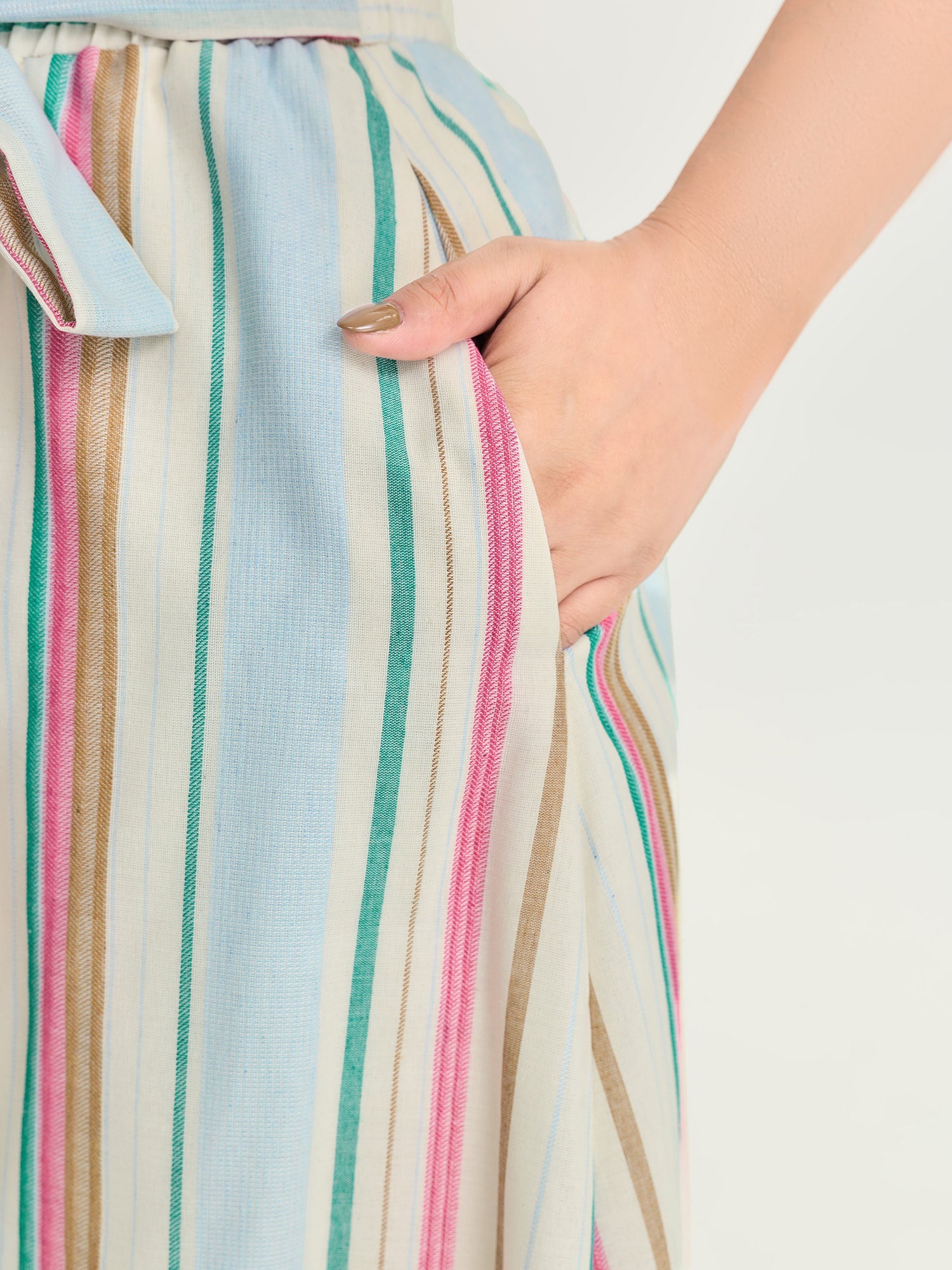 Cotton Striped Print Waist-Tie Maxi Skirt