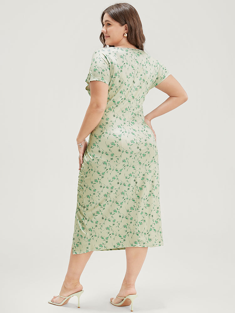 Floral Printed Split Hem Cap Sleeve Ruched Dress