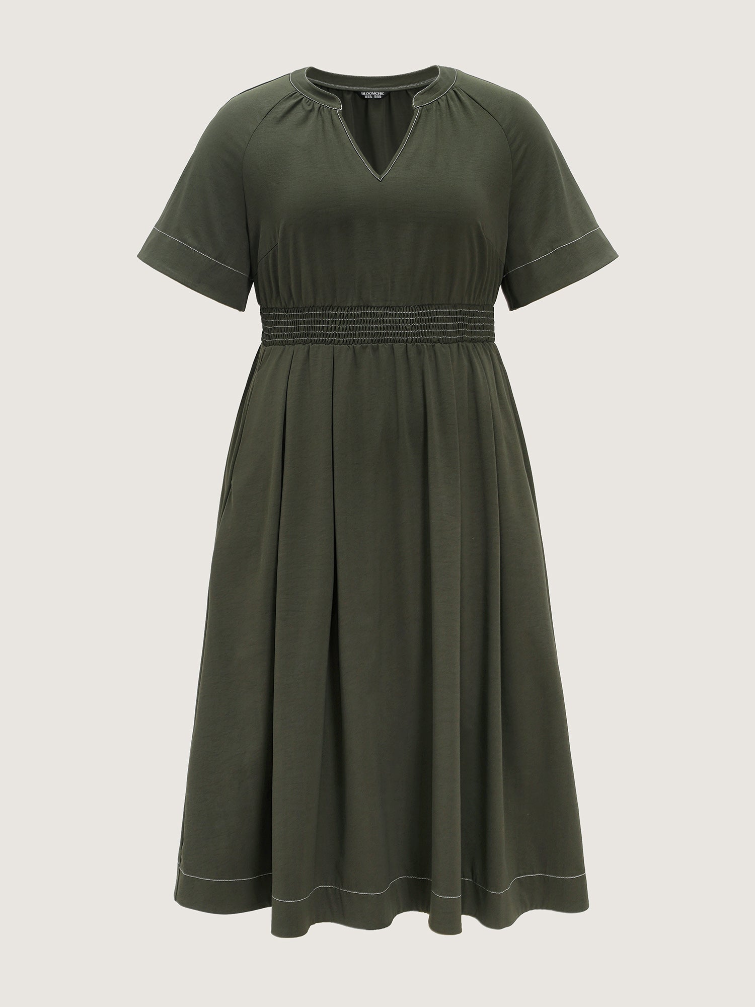Classic Notched Collar Shirred Midi Dress