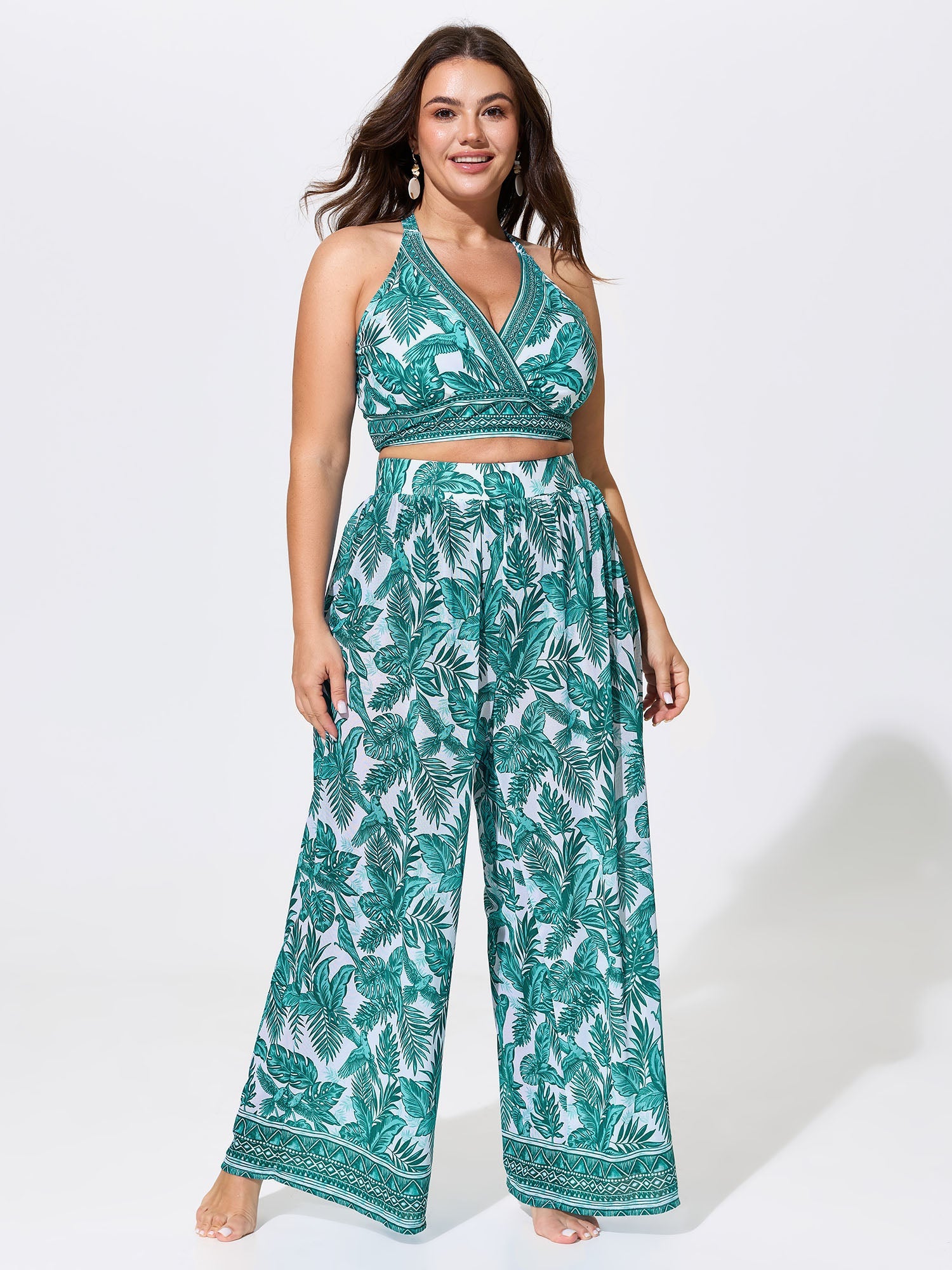 Tropical Print Surplice Neckline Swim Top