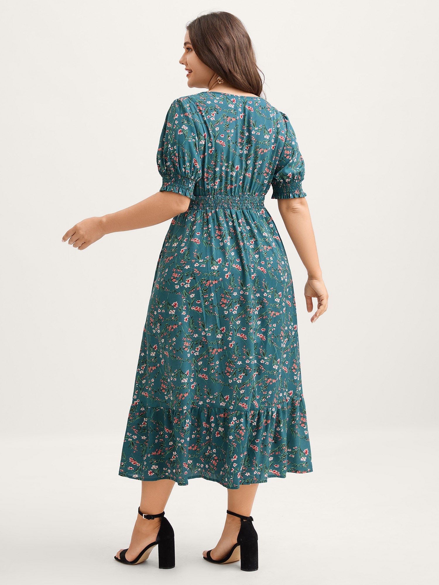 Retro Floral Print Button Detail Midi Dress