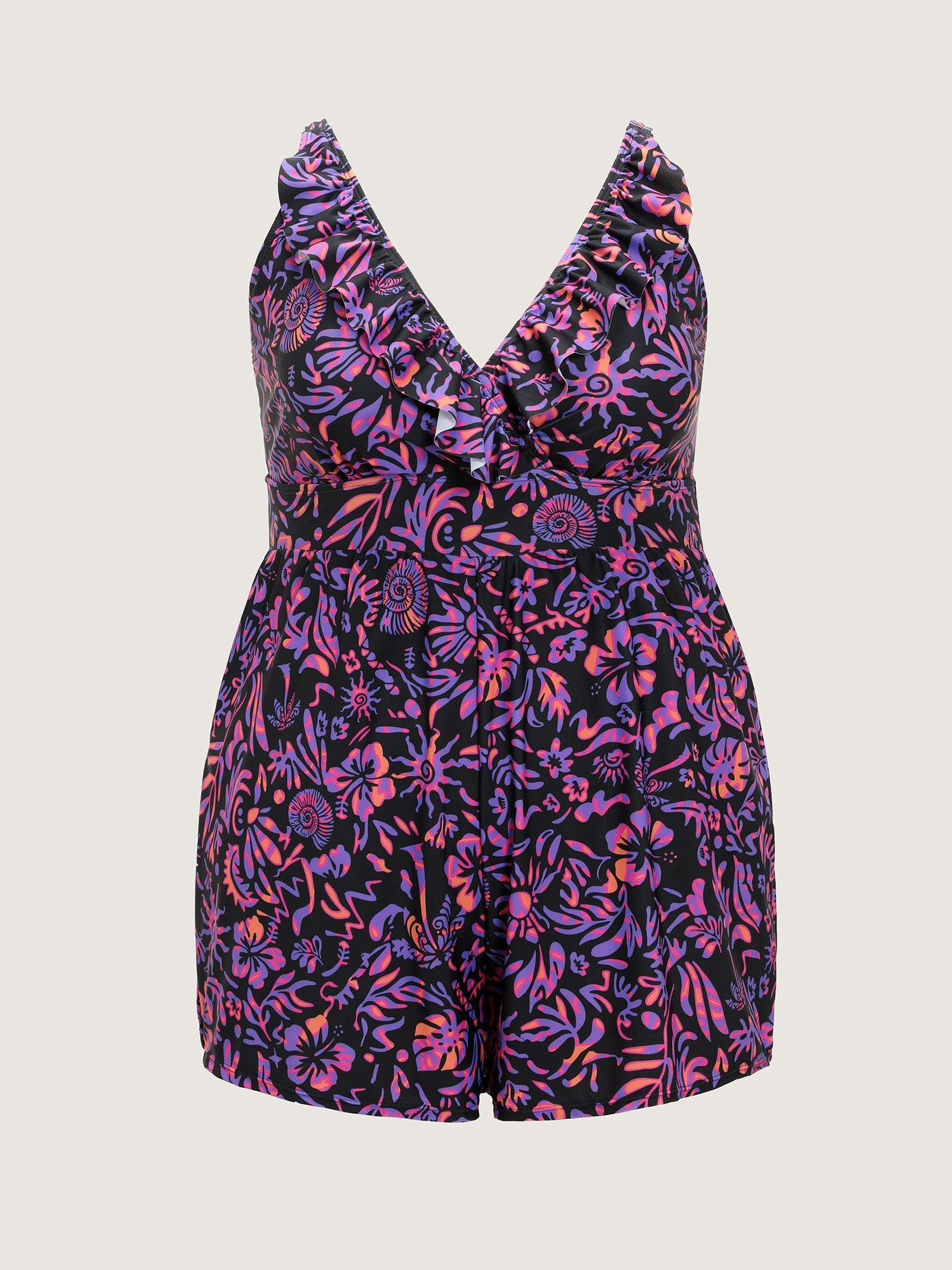 Tropical Floral Print Pockets Swim Romper