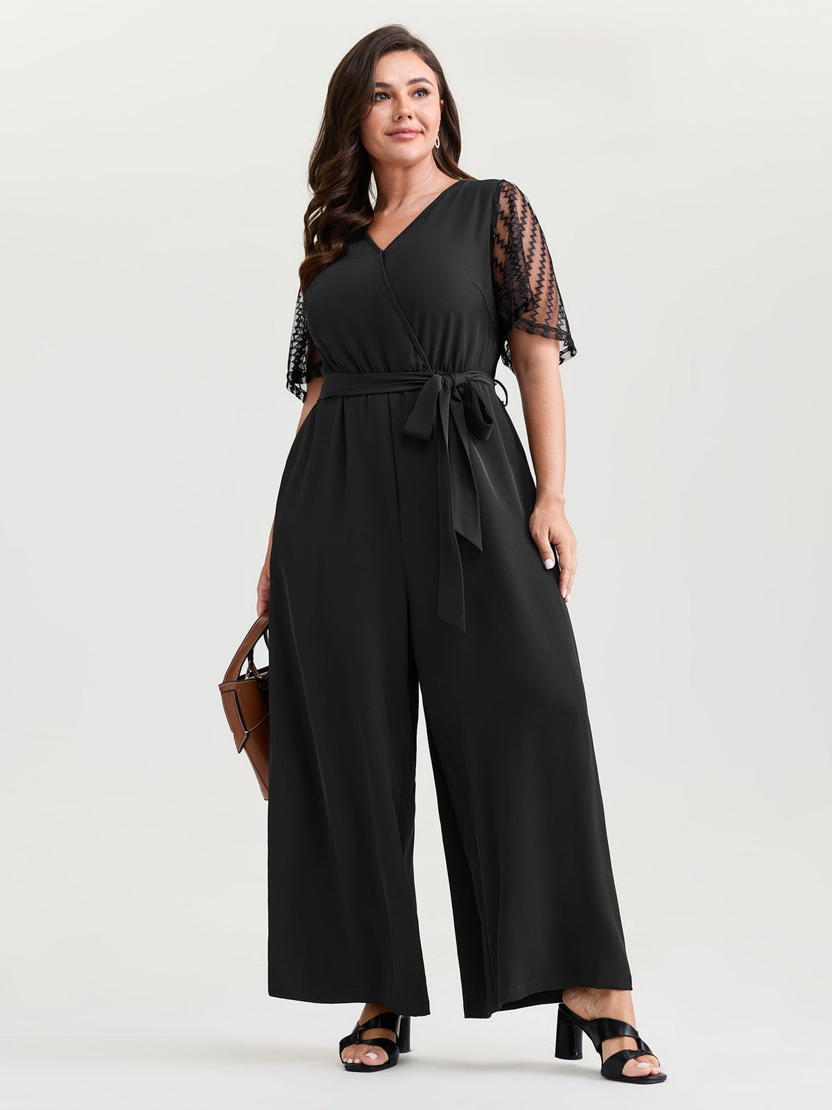 Textured Sheer Sleeve Stretchy Waist Tie Jumpsuit