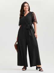 Textured Sheer Sleeve Stretchy Waist Tie Jumpsuit