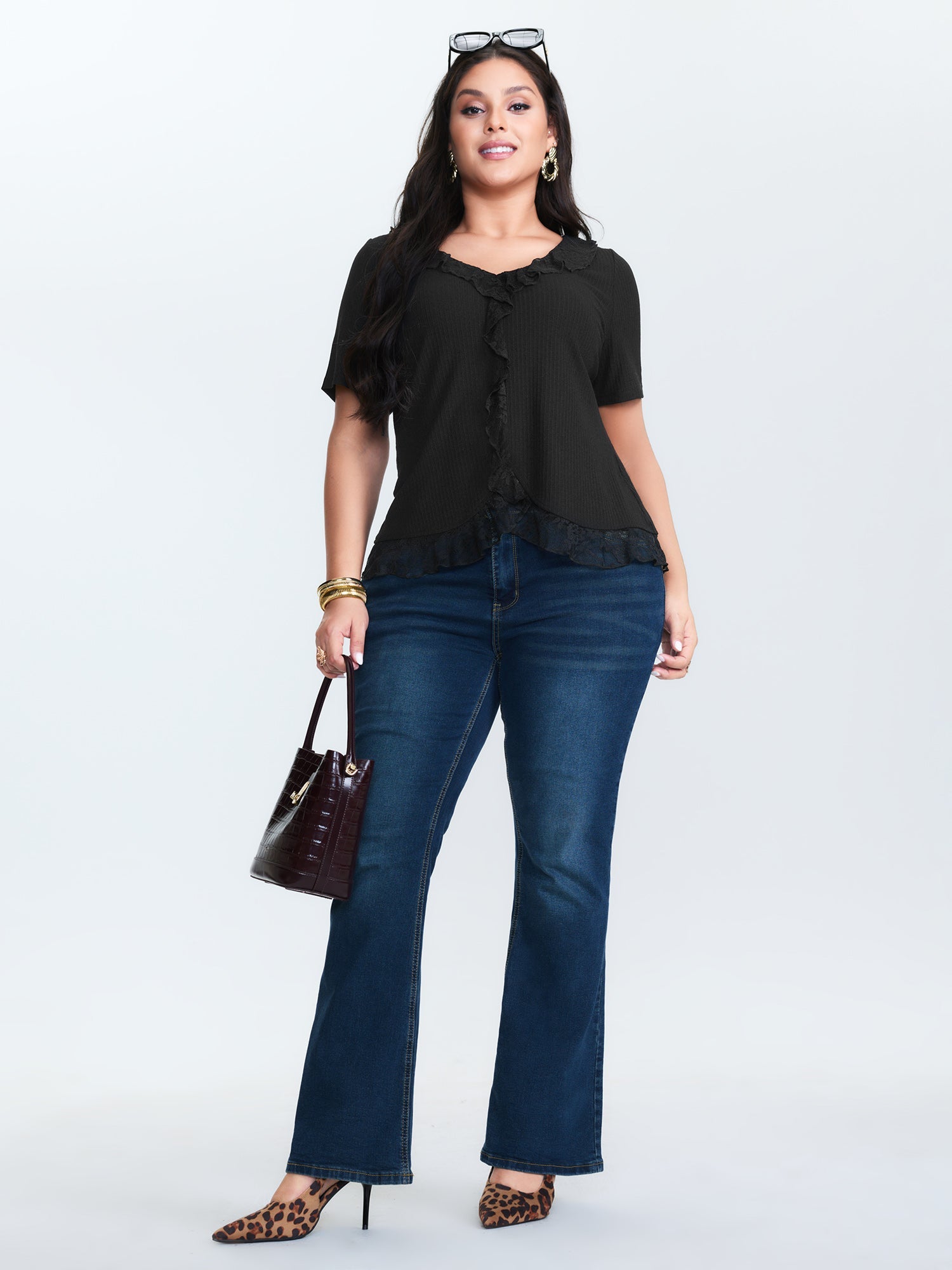 Ruffled Lace Textured Curvy Hem Jersey Top