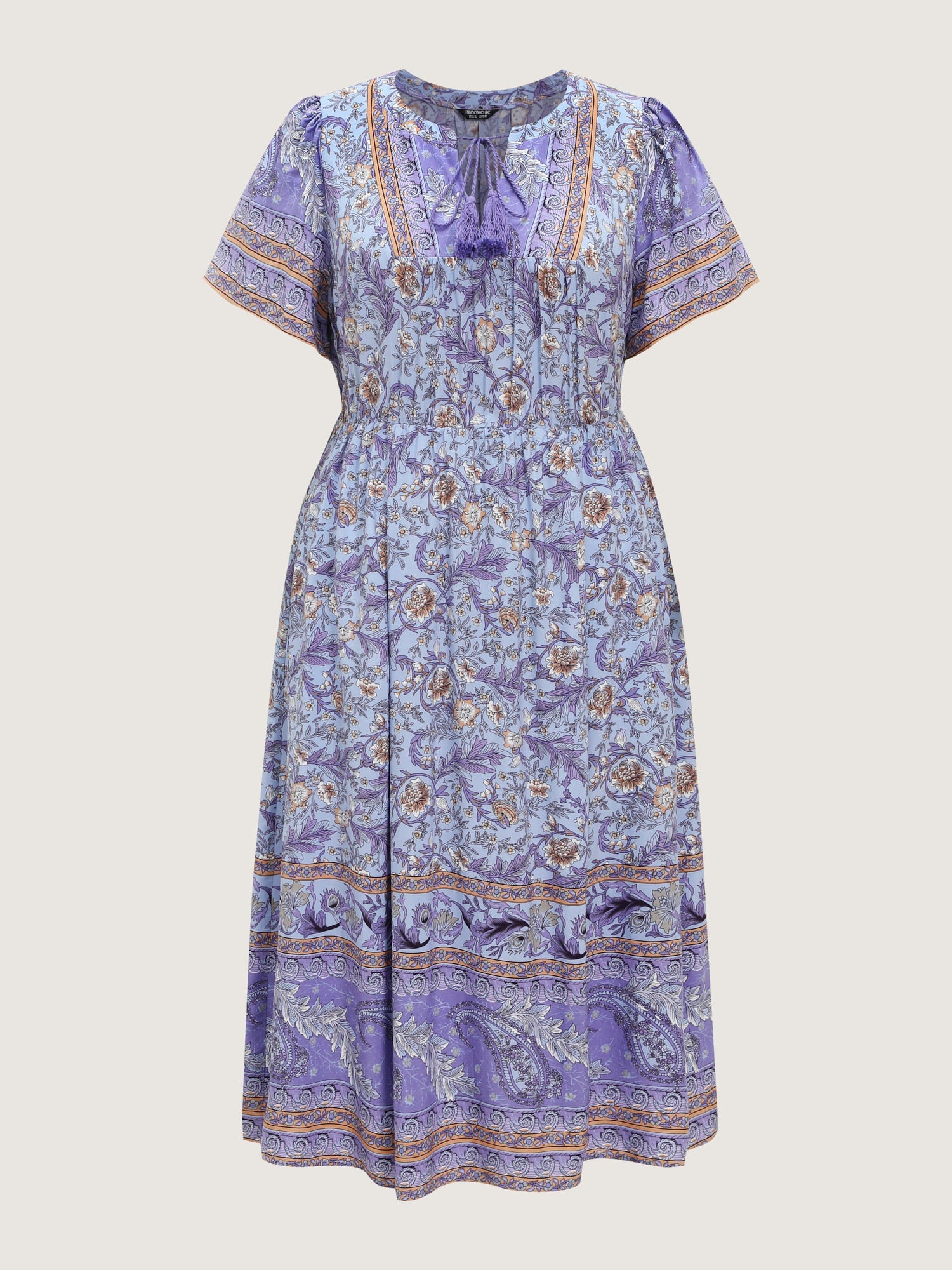 Floral Print Tassels Drawstring Neckline Midi Dress