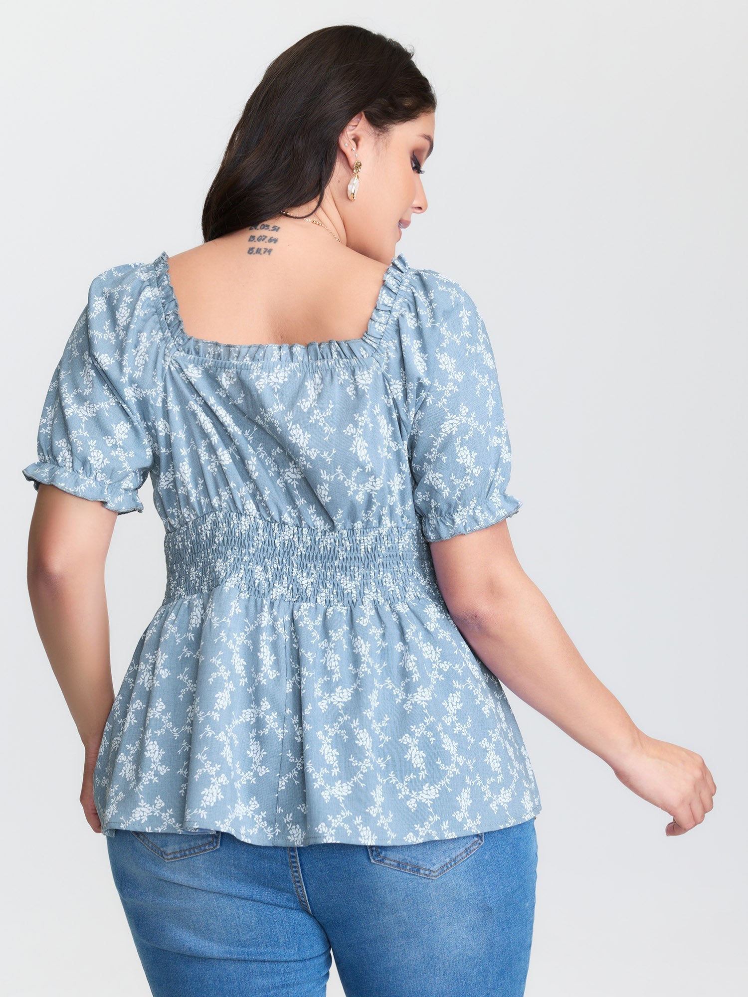 Ditsy Floral Front-Tie Shirred Blouse