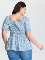 Ditsy Floral Front-Tie Shirred Blouse