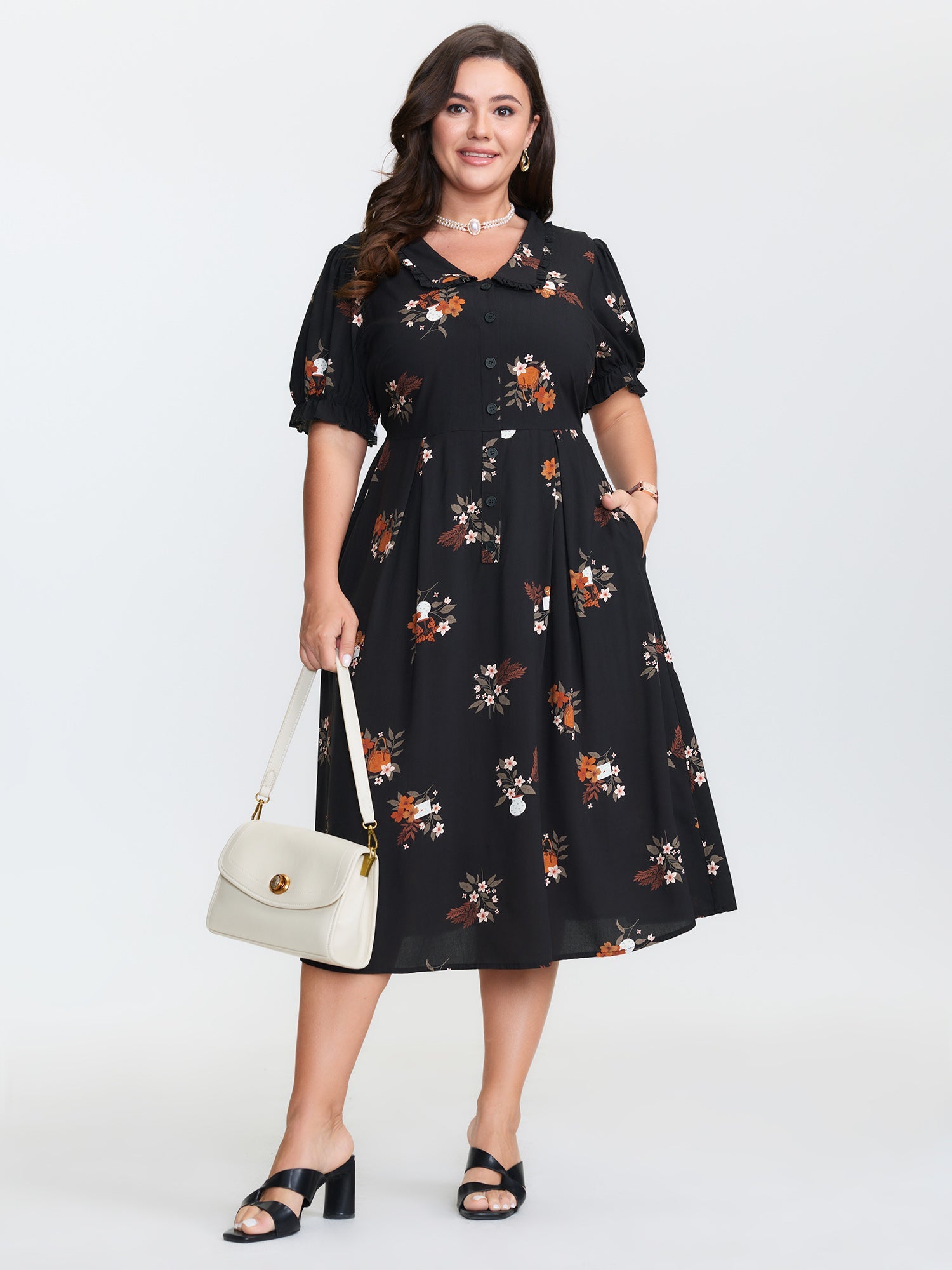 Retro Floral Print Cinched-Waist Midi Dress