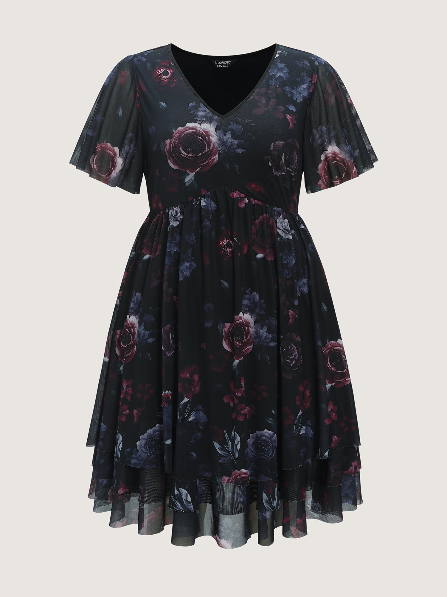 Stretchy Floral Mesh V-Neck Mini Dress